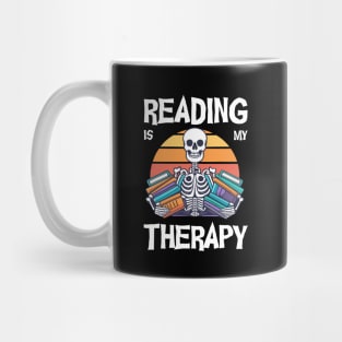 Vintage retro skeleton holding books reading is my therapy Mug